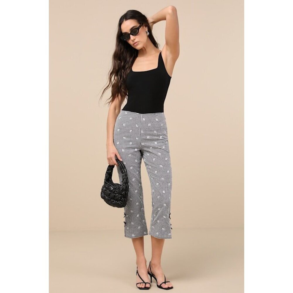 Lulus Zinni Black And White Gingham Embroidered Capri Pants - Size XL